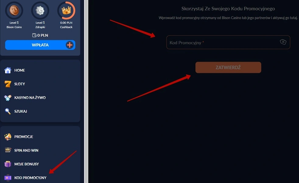 Bison Casino - wprowadzanie kodu promocyjnego na koncie