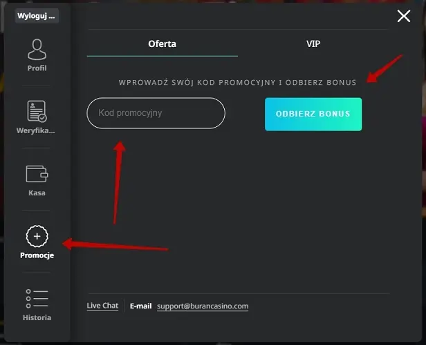 Buran Casino - wprowadzanie kodu promocyjnego na koncie