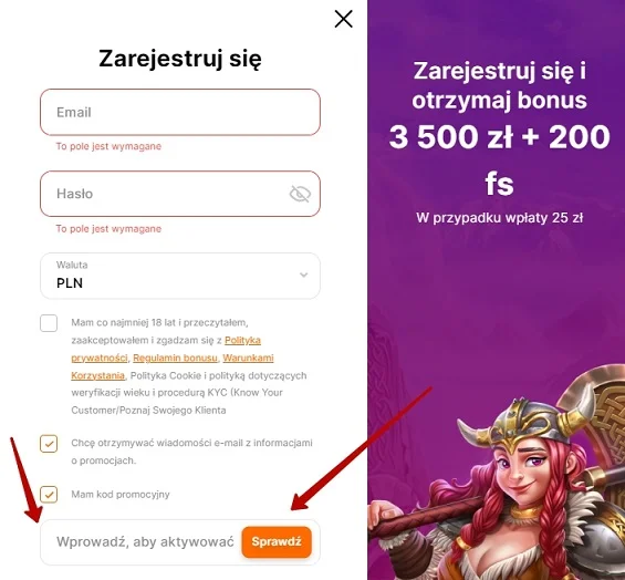 HitnSpin Casino - wprowadź kod promocyjny podczas rejestracji