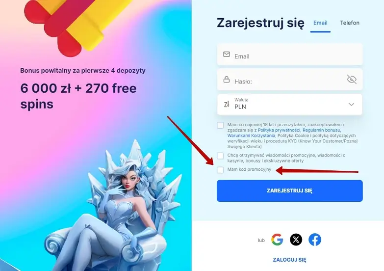 Ice Casino - wprowadź kod promocyjny podczas rejestracji