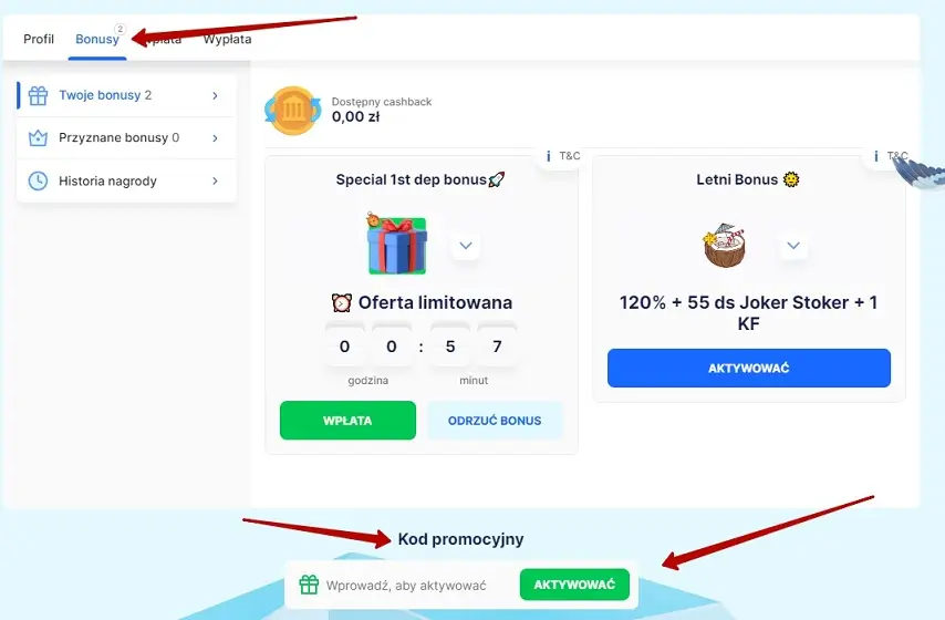 Ice Casino - wprowadzanie kodu promocyjnego na koncie