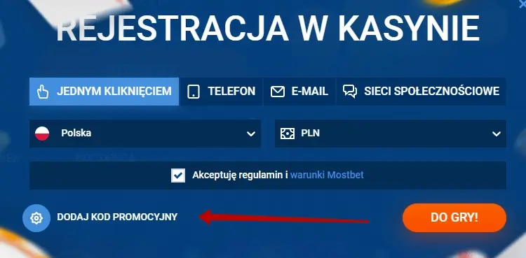 Mostbet Casino - wprowadź kod promocyjny podczas rejestracji