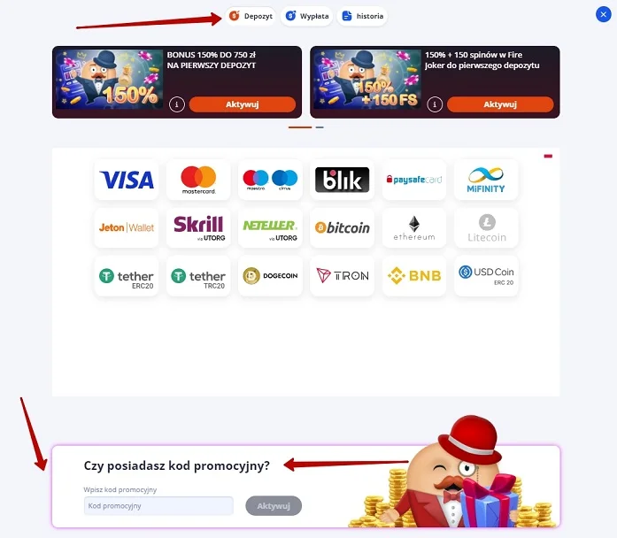 MrBet Casino - wprowadzanie kodu promocyjnego na koncie