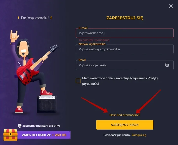 Rolling Slots Casino - wprowadź kod promocyjny podczas rejestracji