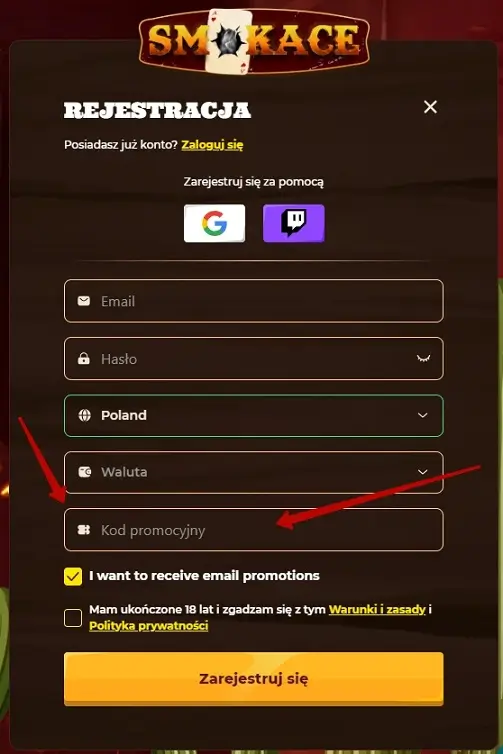 Smokace Casino - wprowadź kod promocyjny podczas rejestracji