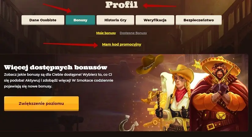 Smokace Casino - wprowadzanie kodu promocyjnego na koncie