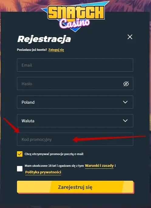 Snatch Casino - wprowadź kod promocyjny podczas rejestracji