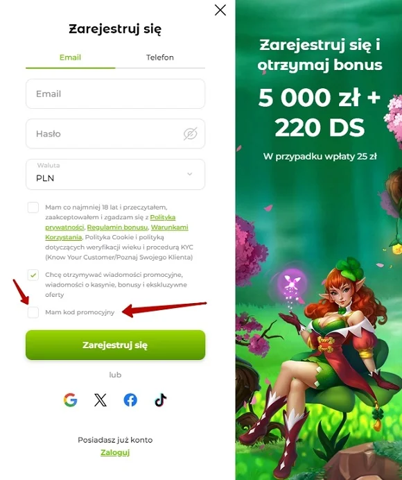 Verde Casino - wprowadź kod promocyjny podczas rejestracji