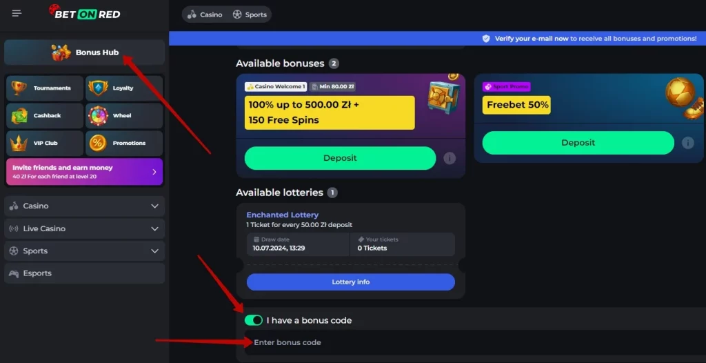 BetOnRed Casino - wprowadzanie kodu promocyjnego na koncie